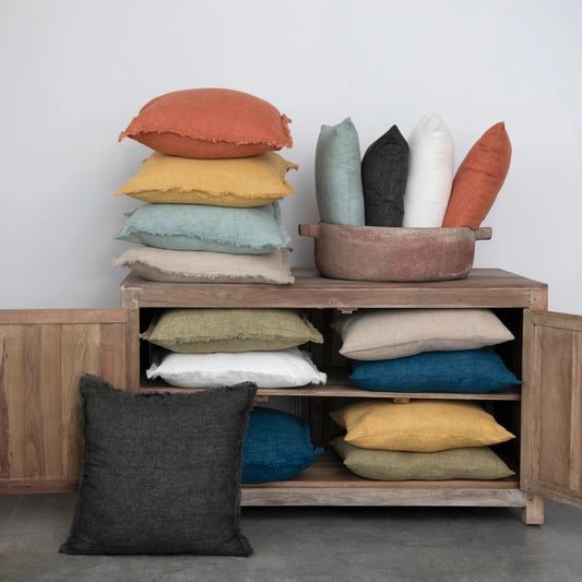 20" Square Stonewashed Linen Pillow with Fringe