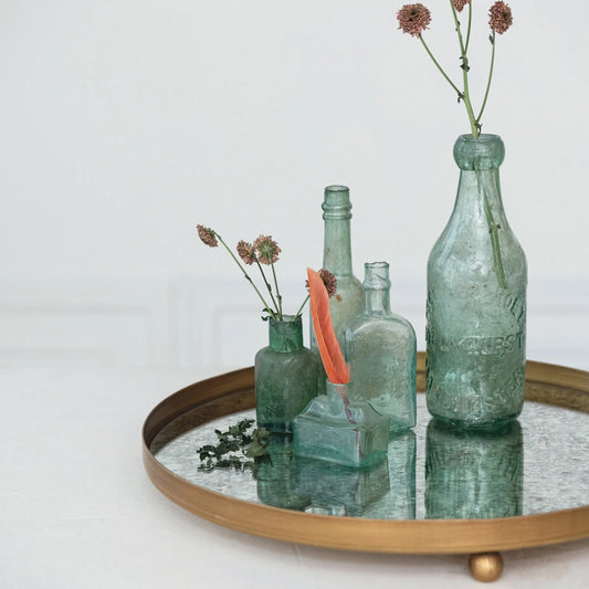 Decorative Metal Footed Antiqued Mirror Tray, Gold Finish