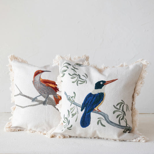 Bird on a Branch Embroidery & Fringe Pillow