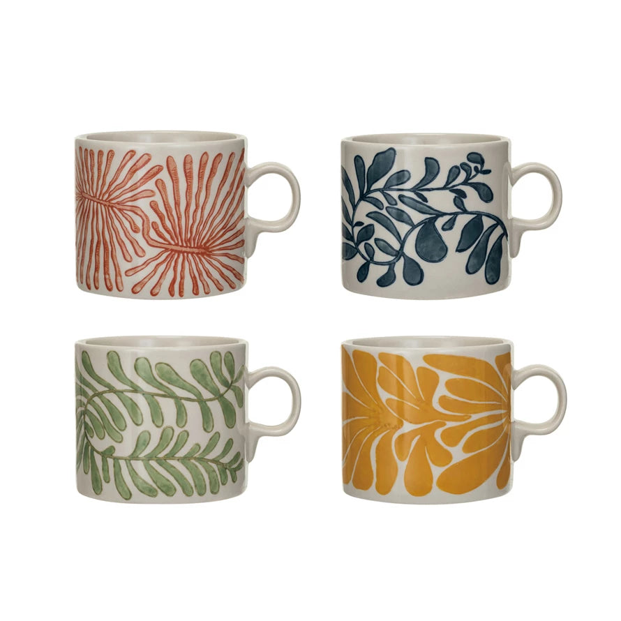 Hand-Painted Stoneware Mug w/ Abstract Design, set of 4