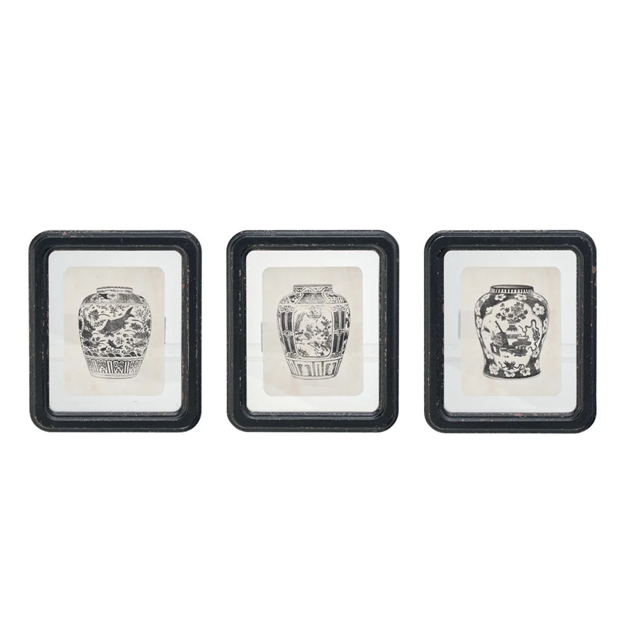 Wood Framed Glass Wall Décor w/ Floating Vase Print