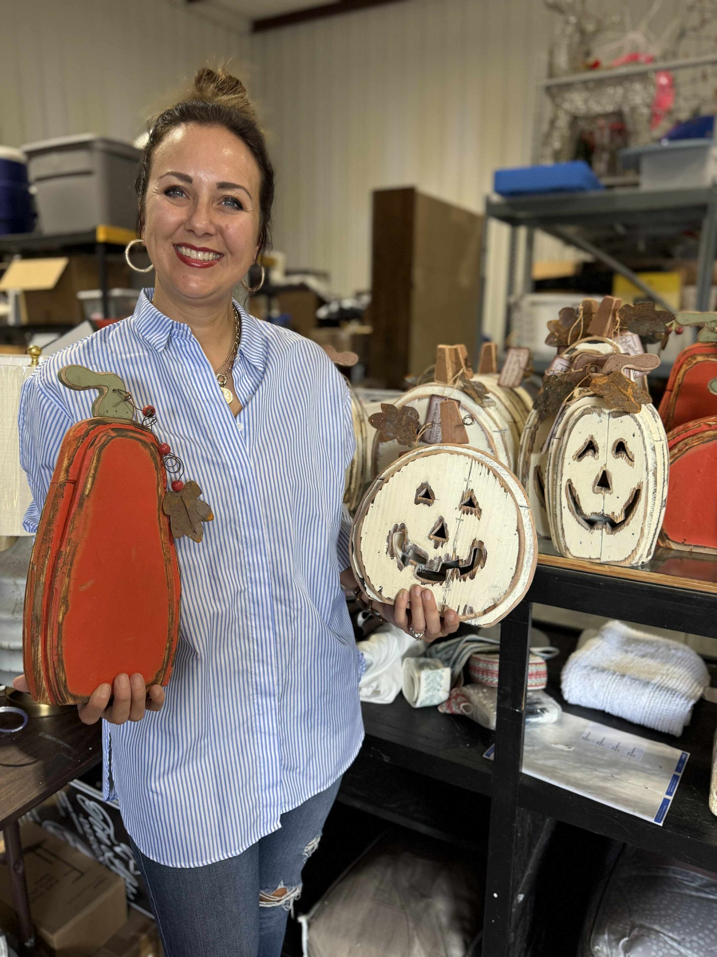 Large Wood Jack-O’-Lantern Pumpkin (15”H)