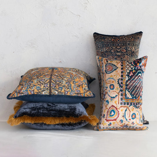 20" Square Cotton Blend Velvet Printed Pillow w/ Vintage Carpet Pattern