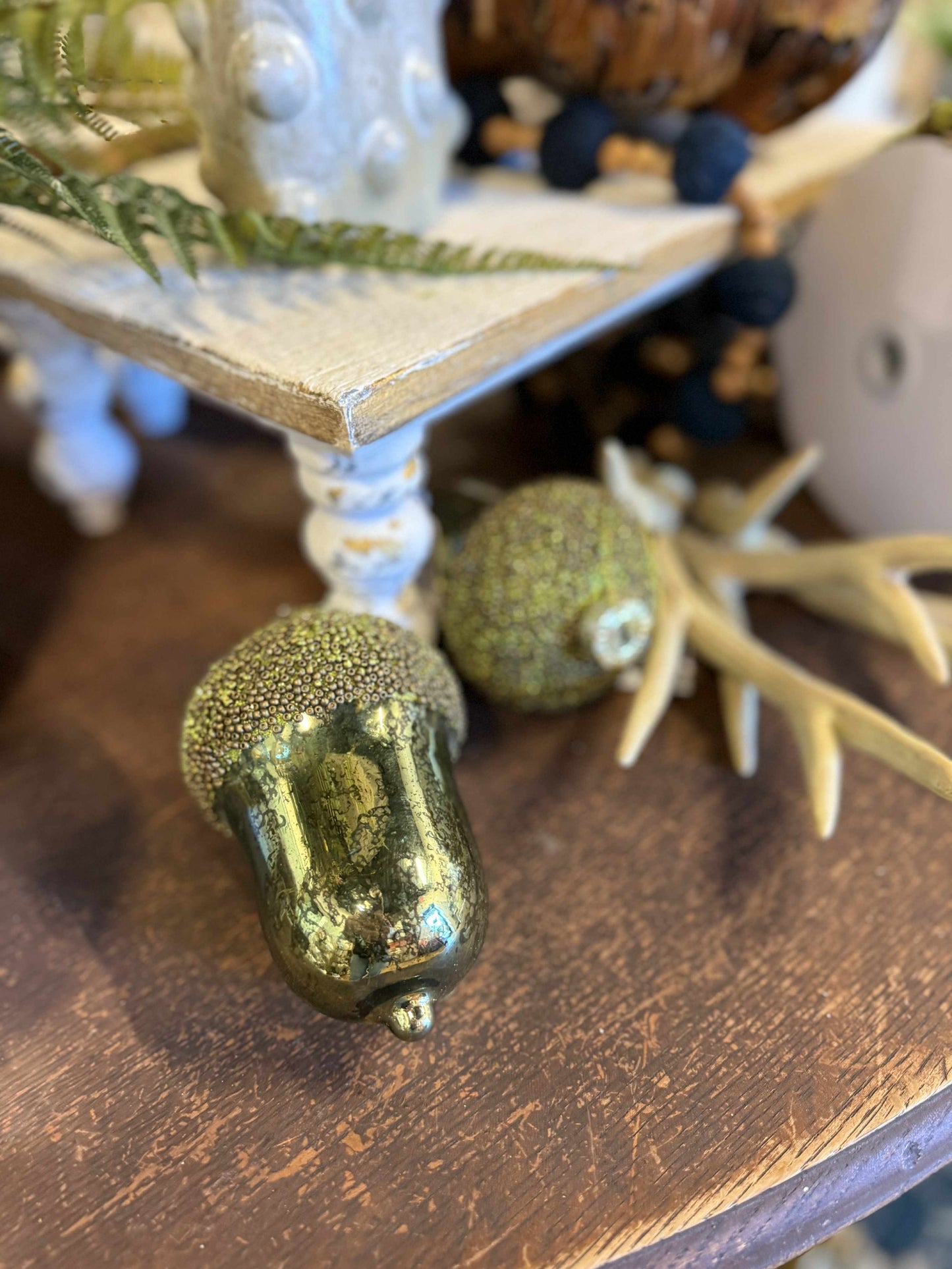 5.5” Green Mercury Glass Acorn Ornament with Glitter Beaded Top