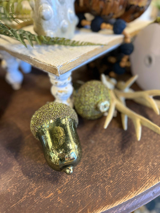 5.5” Green Mercury Glass Acorn Ornament with Glitter Beaded Top