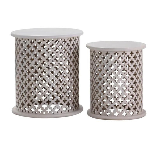 2 mango end tables with a white finish.