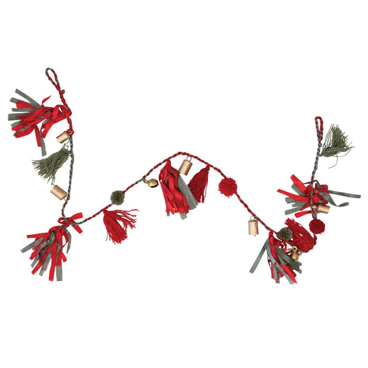 Metal Bells Garland with Pom Poms, Tassels & Fabric